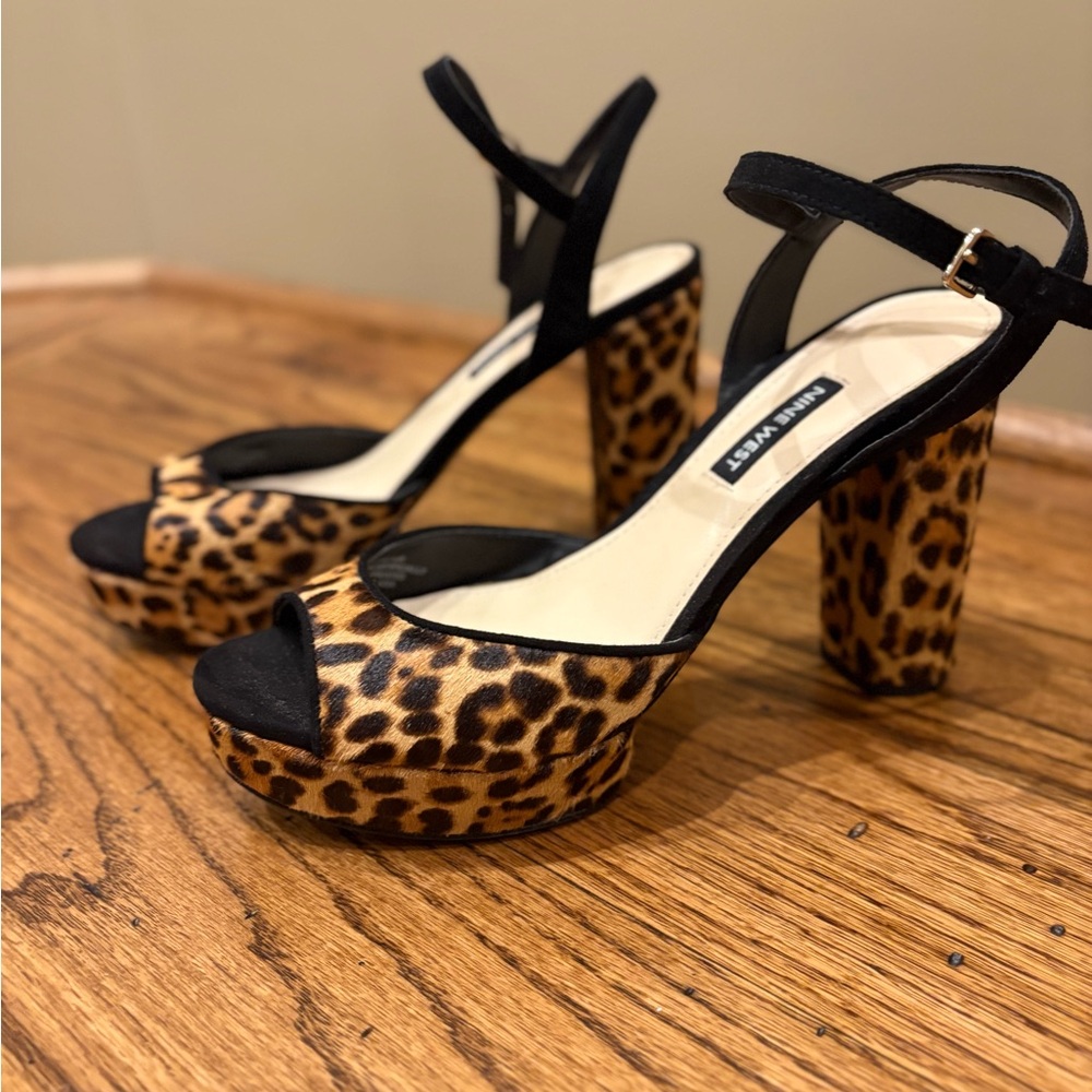 Nine West Leopard Platform Sandals with Black Straps